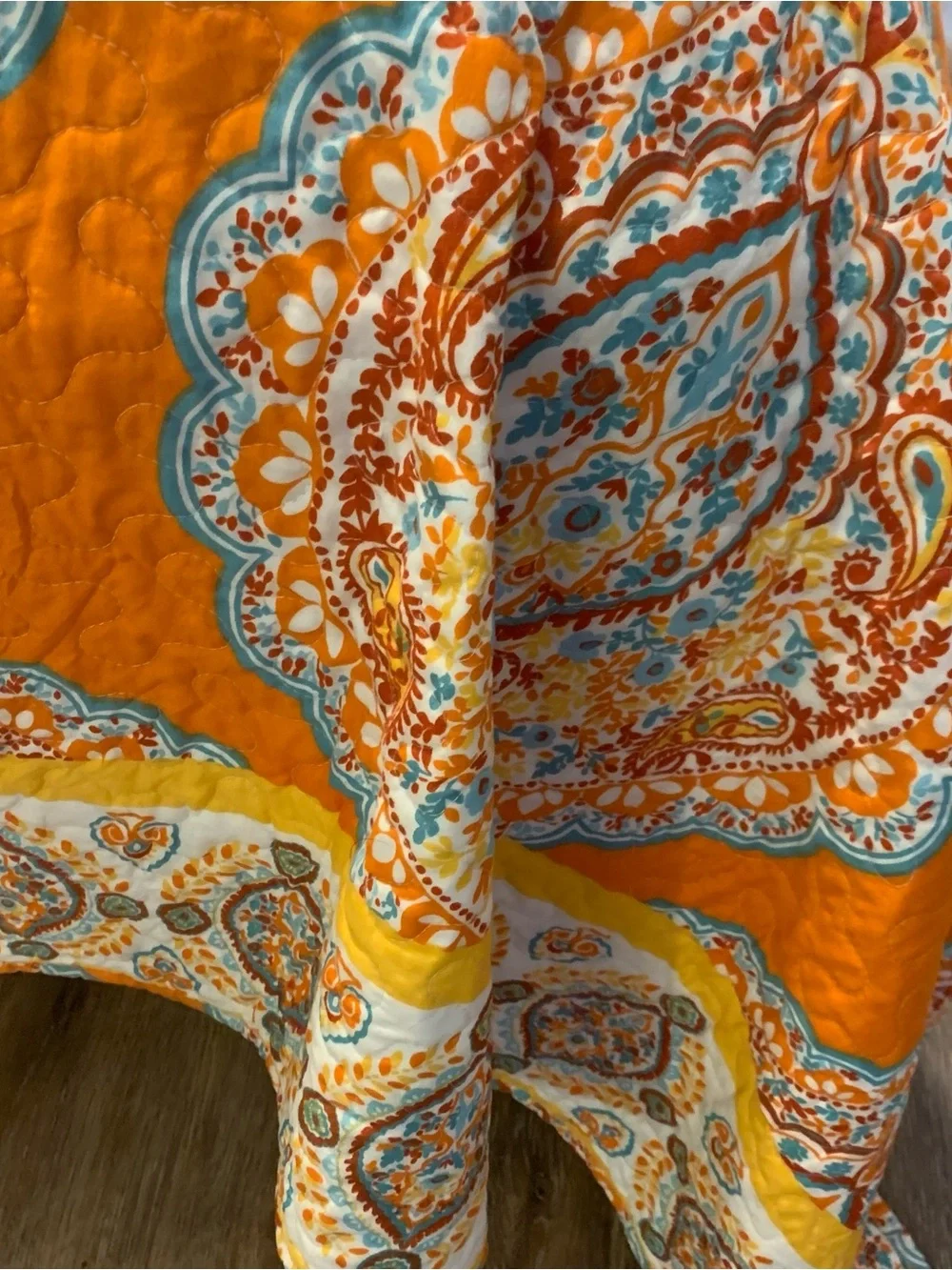 Orange Boho Paisley Quilted Bedspread reversible Teal Blue accents 2 shams King